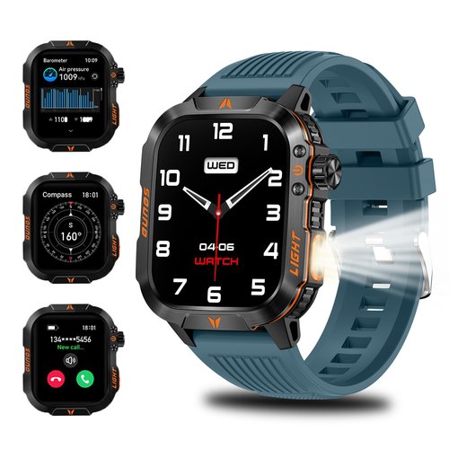 QTLLBT Smartwatch LED Flashlight Barometer Altimeter Compass 2.01HD Fitness Tracker Pedometer Multiple Watch Faces 100+ Sports Modes Sleep Heart Rate for Android iOS Men's Watch (Blue)