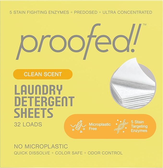 Proofed! Laundry Detergent Sheets, 32 Count, Clean Scent, The Only 100% Plastic-Free Sheet, No PVA or PVOH, Hypoallergenic, Bio-Based Ingredients, Made in USA, 1 Box