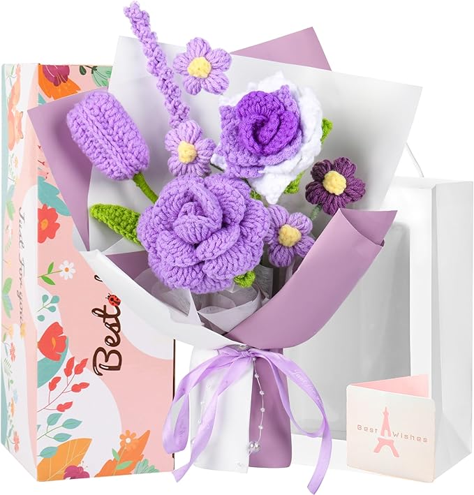 Crochet Flower Bouquet, Crochet Flowers Purple Tulip Rose Handmade Knitted Bouquet for Birthday Graduation Wedding Gift for Women Girlfriend Lover Wife Decor (Purple)
