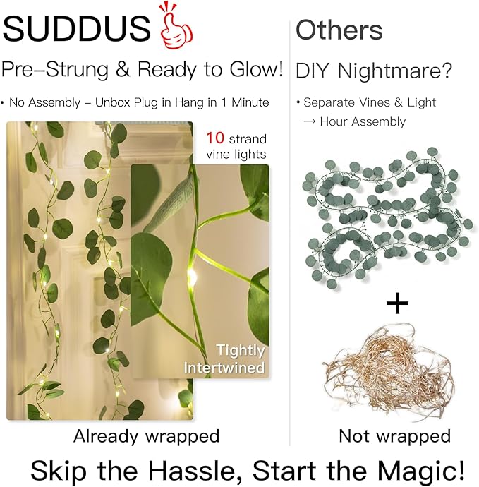 suddus 200 LED Vine with Light Plug in, 6.5ft x 6.5ft Eucalyptus Fairy Curtain