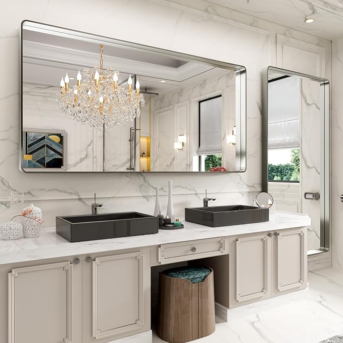LOAAO 72X36 Inch Brushed Nickel Bathroom Mirror, Rounded Rectangle Silver Metal Frame Mirror, Brushed Nickel, Anti-Rust, Shatter Proof, Hangs Horizontally or Vertically