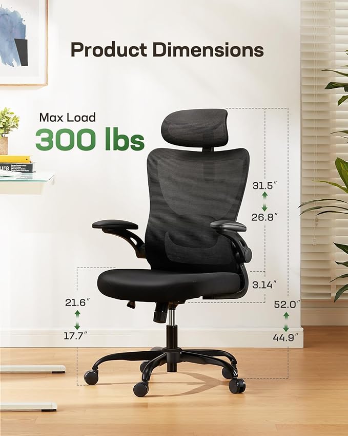 Marsail Ergonomic Office Chair: Office Desk Chair with High Back Mesh and Adjustable Lumbar Support Rolling Work Swivel Task Chairs with Wheel 3D Armrests and Headrest