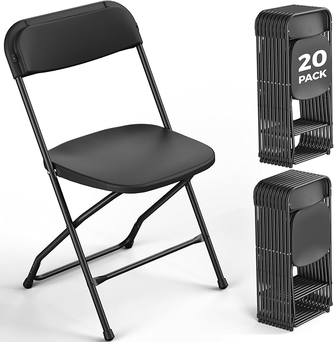 20 Pack Black Plastic Folding Chairs, Outdoor Portable Folding Chair with Steel Frame, 350lbs Capacity Stackable Foldable Chairs for Patio, Garden, Picnic, Kitchen, Events