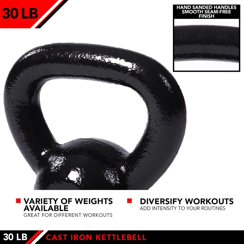JFIT Cast Iron Kettlebell – Single Weight, Flat Bottom, Polished Handle | Men & Women | CrossFit, Cardio & Strength Training - 30 lbs