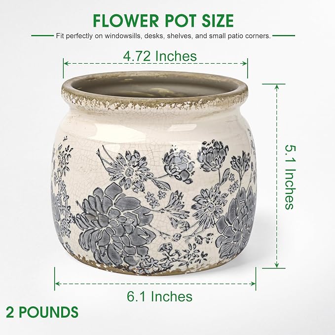 Flower Pots Planters for Indoor Plants Ceramic Plant Pots with Drainage 6.1 Inch Vintage Ceramic Pots for Plants Outdoor Home Garden Decor, Vintage Gray Bloom