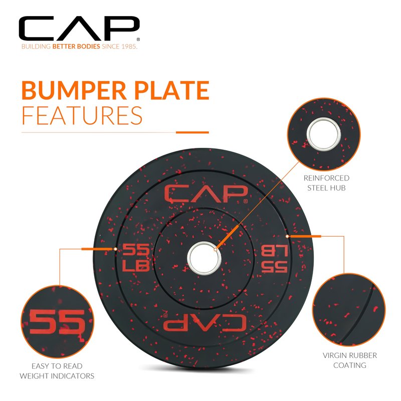 CAP 260 lb Economy Speckled Olympic Bumper Plate Set 2-Inch Olympic Plates, Medium Bounce Rubber Weight Plates with Steel Hub for Weightlifting, Strength Training & Home Gym Workouts
