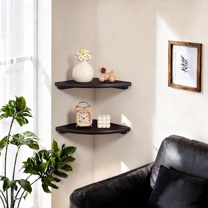 Gieanoo Floating Corner Shelves Set 2 10inch Walnut Solid Oak Rounded Corner