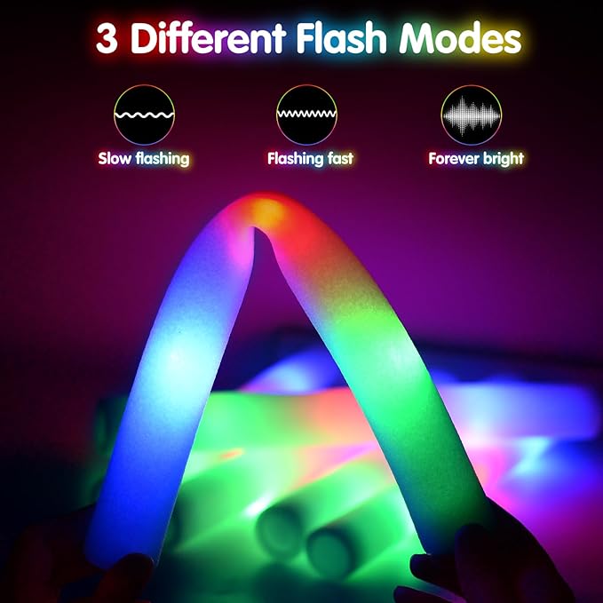 48 Pcs Foam Glow Sticks, Glow Sticks Bulk with 3 Modes Colorful Flashing, Light Up Baton Wands for Kids, Glow Stick Party Pack for Wedding, Raves, Concert, Camping, New Year Carnival