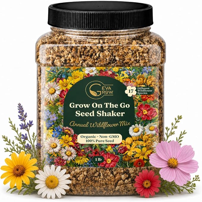 Wildflower Seed Shaker – Annual Mix by GevaGrow | 17 Variety Flower Seeds for Planting in Pots & Outdoor Gardens, Bulk 300,000+ Seeds - 1 Pound Tub