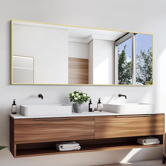 KOCUUY Large Gold Bathroom Mirror, HD Tempered Glass, Anti-Rust Frame, Modern