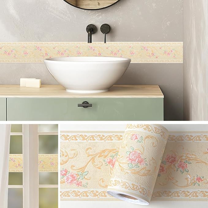AbaBoorty Yellow Floral Wallpaper Border Decor 196"X4.1" Peel and Stick Wall