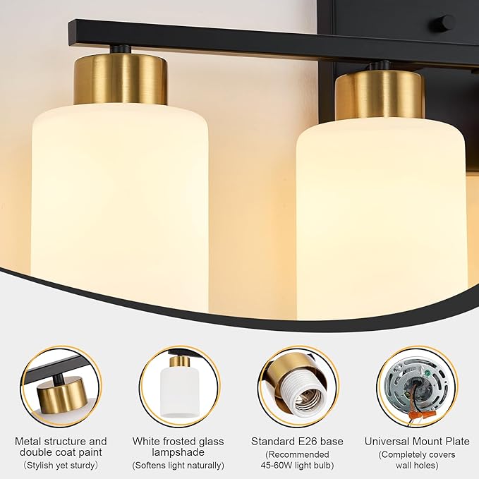 FonmYim Black and Gold Bathroom Light Fixtures, 4-Light Modern Vanity Light