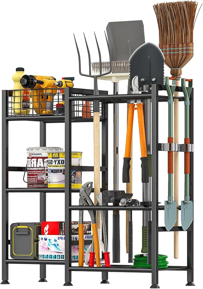 keomaisyto Garden Tool Organizer With Basket - 3 Tier Yard Storage Rack for Garage Organization, Heavy Duty Holder With 35 Long-Handled Slots for Shed, Yard, Garage