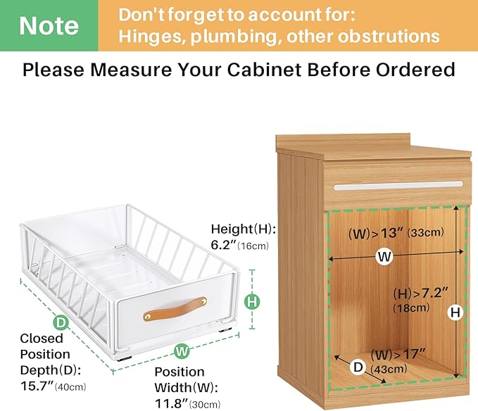 Pull out Cabinet Organizer Fixed with Adhesive Nano Film,Heavy Duty Slide out Pantry Shelves Drawer Storage,Sliding Mesh Basket with Handle for Kitchen, Bathroom,Home, 11.8W"X 15.7D"X6.2"H(2PCS)