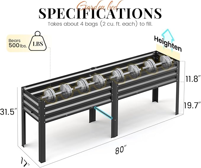 KING BIRD Raised Garden Bed with Legs & Water Storage Tank Galvanized Elevated Planter Box 80×17×31.5 in for Backyard, Patio, Balcony, 500lb Capacity, Dark Grey