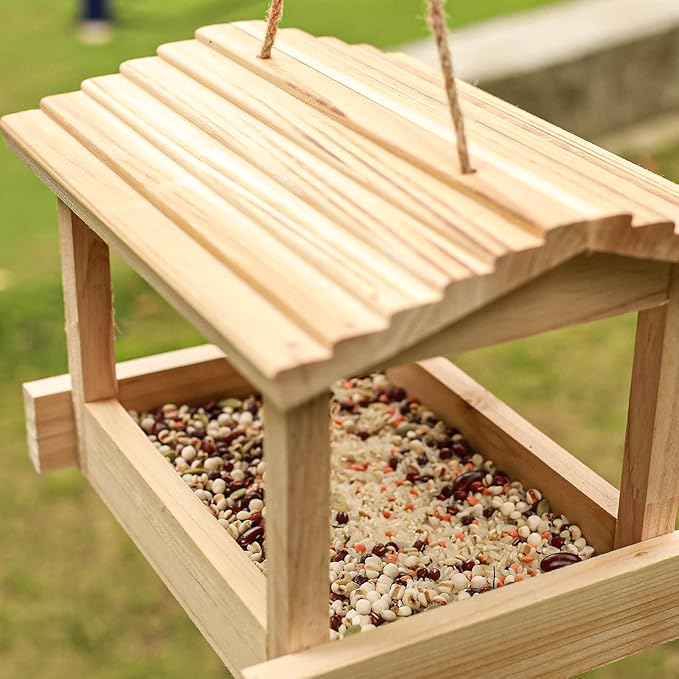 STARSWR Bird Feeders for Outside Hanging, Wild Bird Feeder House for Cardinals Finches Wooden Bluebird Feeder Mealworm Feeder Outdoor Wood Platform Bird House Feeder