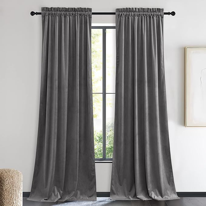 NICETOWN Living Room Grey Velvet Curtains, Sound and Sunlight Reducing Heavy