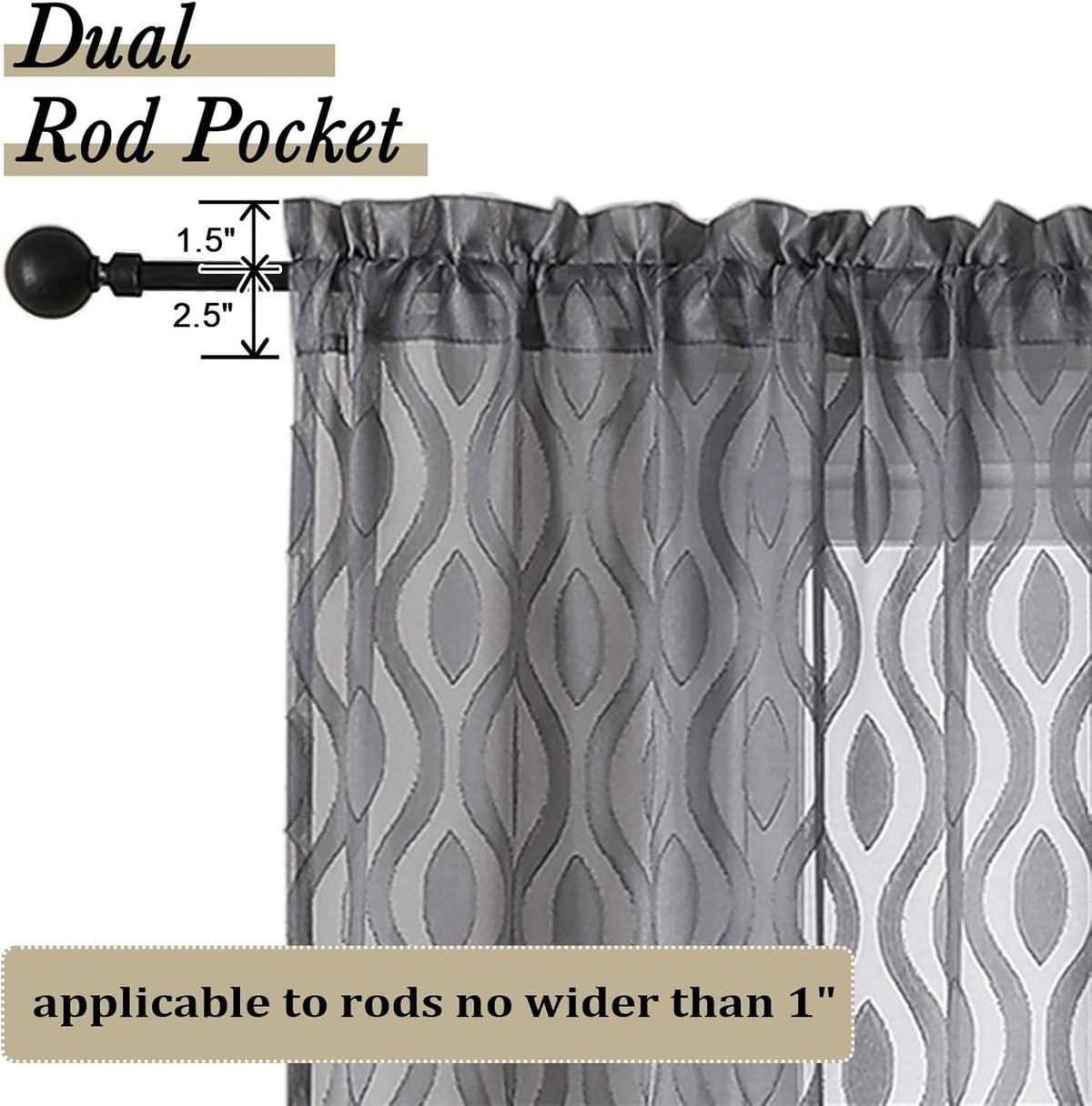 Aiyufeng Charcoal Grey Sheer Curtains 84 Inches Long 2 Panels, Solid Airy Light Filtering Window Treatments for Bedroom Living Room, Modern Wavy Line Rod Pocket Curtains, Total 80 inches Width