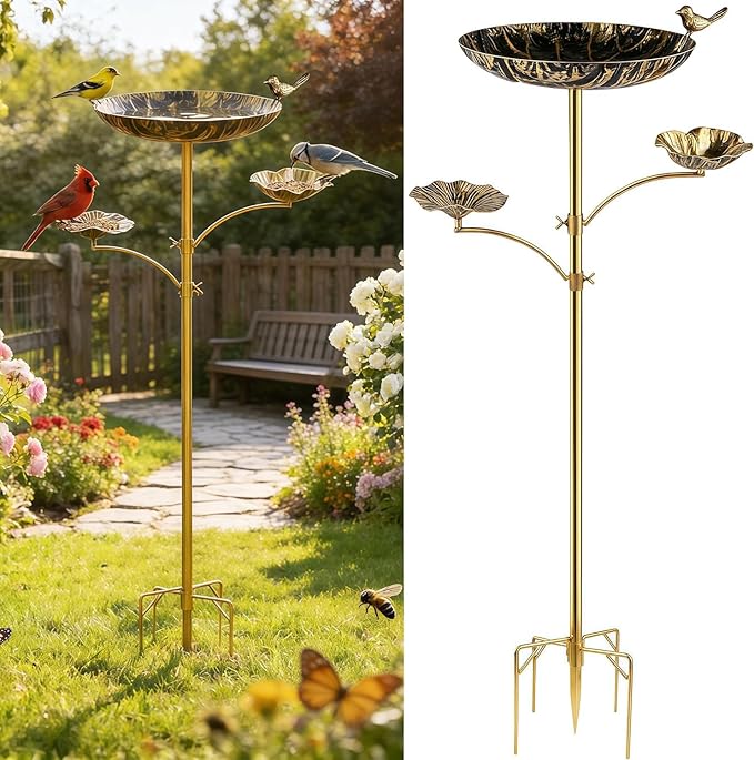 HUFAND Triple Bowl Bird Bath for Outside, 3-in-1 Bird Bath & Feeder with 4-Claw Ground Stake, 51in Height, 11.8in Large Top Bowl, Outdoor Birdbath for Garden Patio Yard Decor, Antique Bronze