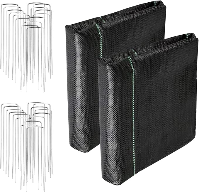 4FT x 100FT Weed Barrier Landscape Fabric (2 Pack 4x50FT) - Premium Heavy-Duty 3.2oz Gardening Weed Control Mat with 30 U-Shaped Securing Pegs - Ground Cover for Gardening, Farming