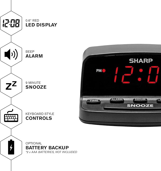 Sharp Digital Alarm Clock with Keyboard Style Controls, Battery Back-up