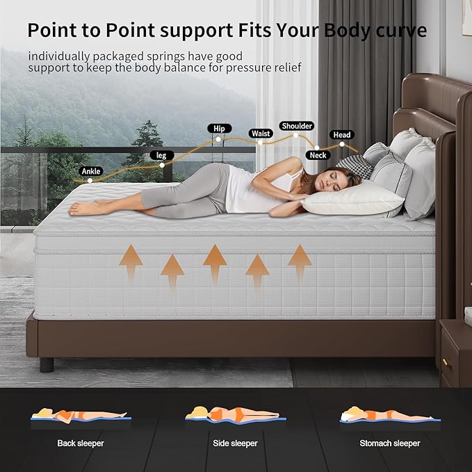 King Size Mattress,12 inch Memory Foam Hybrid Mattresses in a Box，King Mattress with Individually Pocket Springs, Medium Firm Feel，Fiberglass Free, Soft and Breathable(White)