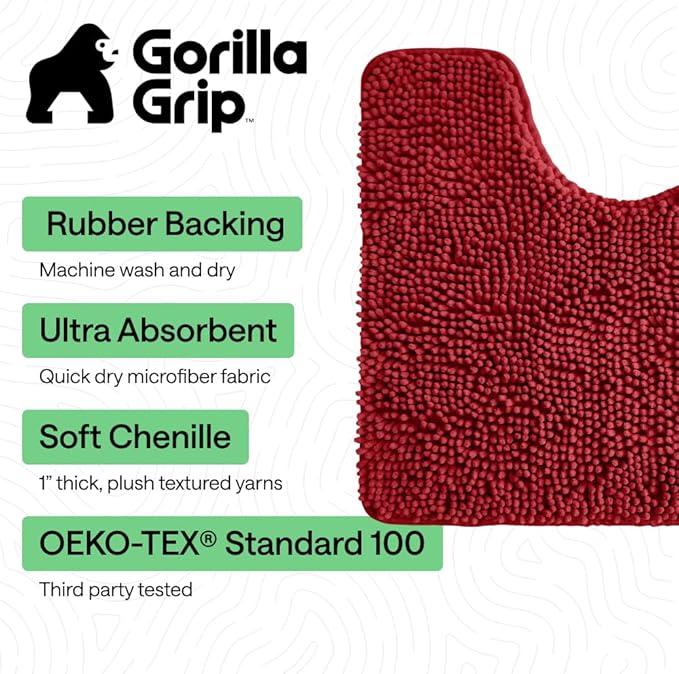 GORILLA GRIP Plush Absorbent Shaggy Chenille Bath Rug Mat for Oval Toilet Base with Rubber Backing, Machine Washable Rugs, Soft Microfiber Contour Mats for Toilets, Quick Dry, Bathroom Decor, Red