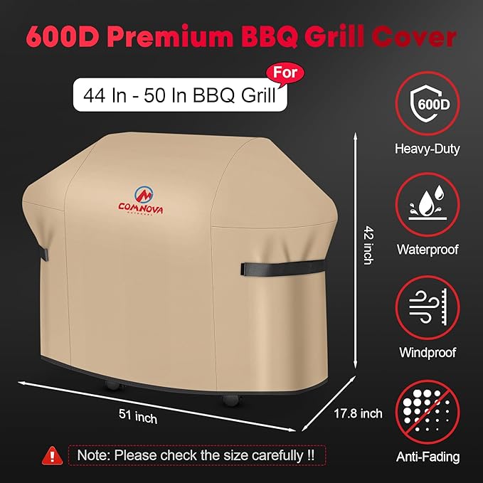 Comnova Grill Cover 51 Inch - 600D BBQ Cover for Outdoor Grill Waterproof and Heavy Duty, 51 Inch Barbecue Gas Grill Covers for Weber, Char-Broil, Nexgrill, Monument, Dyna-glo, Brinkmann and More