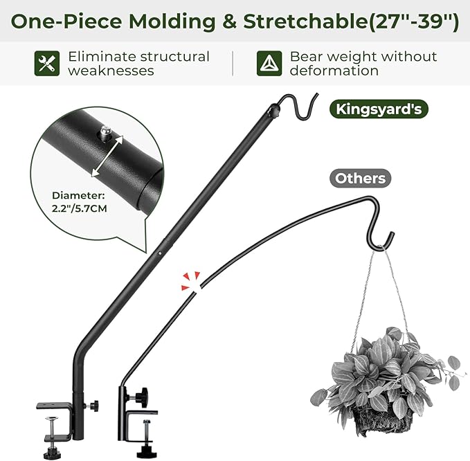 Kingsyard Heavy Duty Deck Hook, 27"-39" Adjustable Metal Deck Railing Hooks for Hanging Bird Feeders, Planters, Suet Baskets, Lanterns, Wind Chimes, Clamp Mounted