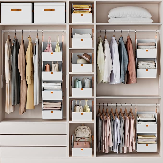 Hanging Closet Organizer 4 Tier - Clothes Hanging Shelves, Space-Saving Closet System, Fabric Storage Bins Bedroom Organization, Collapsible Baskets for Home, Dorm, Rv, White, 8 Pack