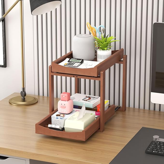 Bamboo Under Sink Organizer and Storage, 2 Pack Pull Out Cabinet Organization, 2 Tier Vertical Slide Out Undersink Storage Shelf, Multi-Purpose Organizer Shelves for Kitchen Bathroom Medicine, Brown