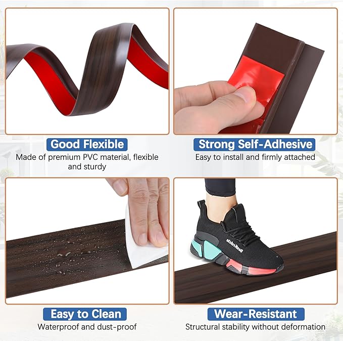 Vinyl Door Threshold Flooring Transition Strip Self Adhesive Carpet Edging Strip for Laminate Doorway Edge Threshold from 3/5" to 4/5" (Brown Wood Grain, 10 Ft)