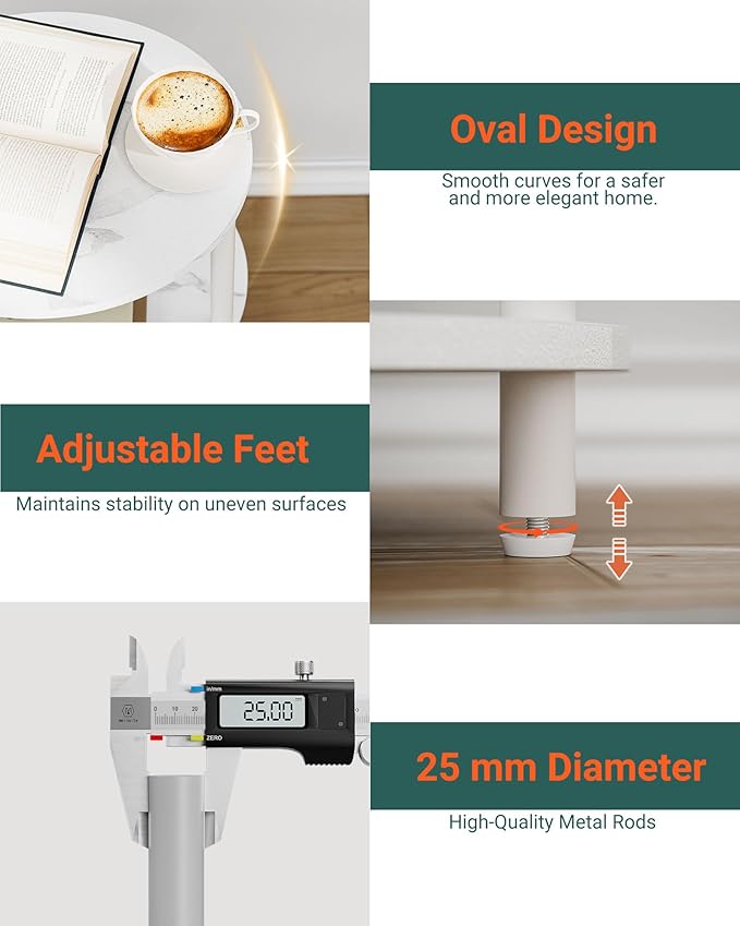 Small Round Side Table - 3-Tier Oval Accent Table for Small Spaces, Rustic Wood and Metal Nightstand for Living Room or Bedroom, with Built-in USB Ports and Power Outlet, Marble White