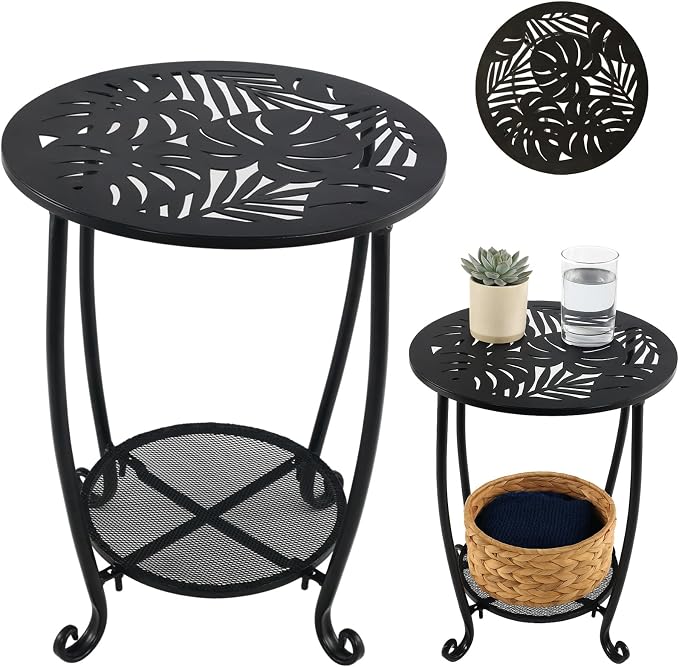 2-Tier Metal Round Side Table Black Accent Coffee Tables Small Space Corner Plant Stand Shelf for Indoor Outdoor Porch Patio Balcony Living Room End Table with Storage, Rust-Proof