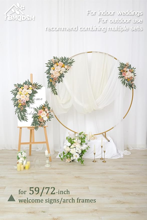 Wedding Welcome Signs Floral(Pack of 2)，Wedding Arch Flowers for Wedding Decorations and Reception Backdrop Decoration (New Champagne)