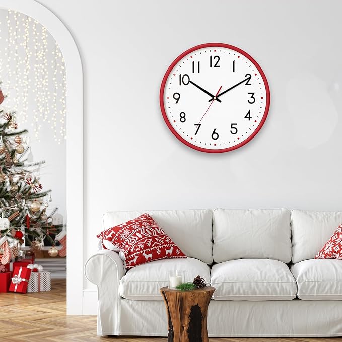 HZDHCLH Wall Clock Red, Silent Wall Clocks Battery Operated 12 Inch Modern Non