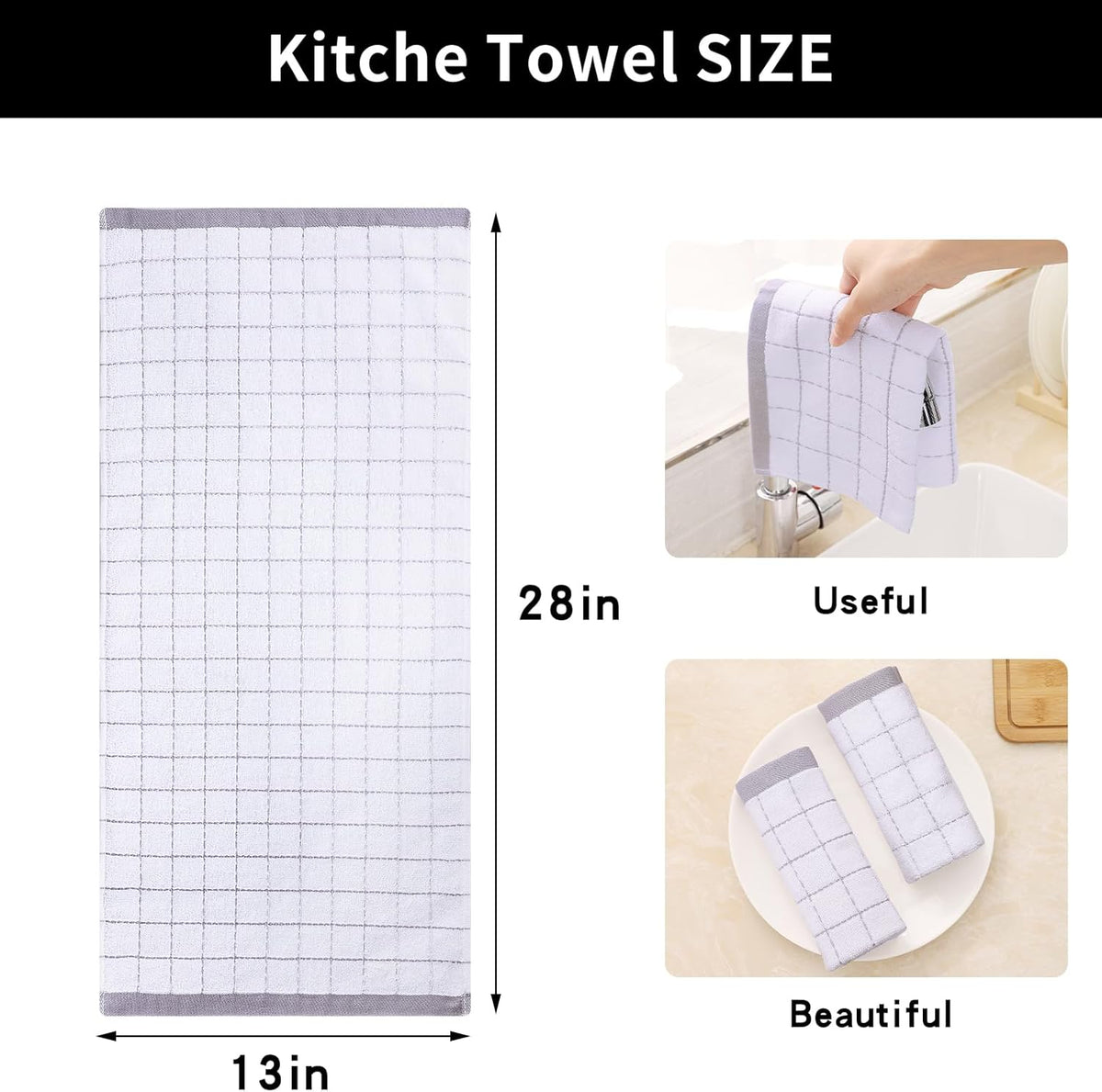Homaxy 100% Cotton Terry Kitchen Towels(White, 13 x 28 inches), Checkered Designed, Soft and Super Absorbent Dish Towels, 8 Pack