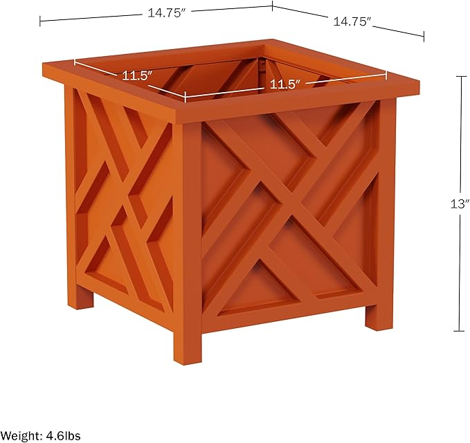 Lattice Design Outdoor Planter Box - 14.75” Square 13” Tall Terracotta Plant Pot - Decorative Plant Pots for Front Porch Decor - Flower Pots Outdoor Planters for Porch Patio or Garden by Pure Garden