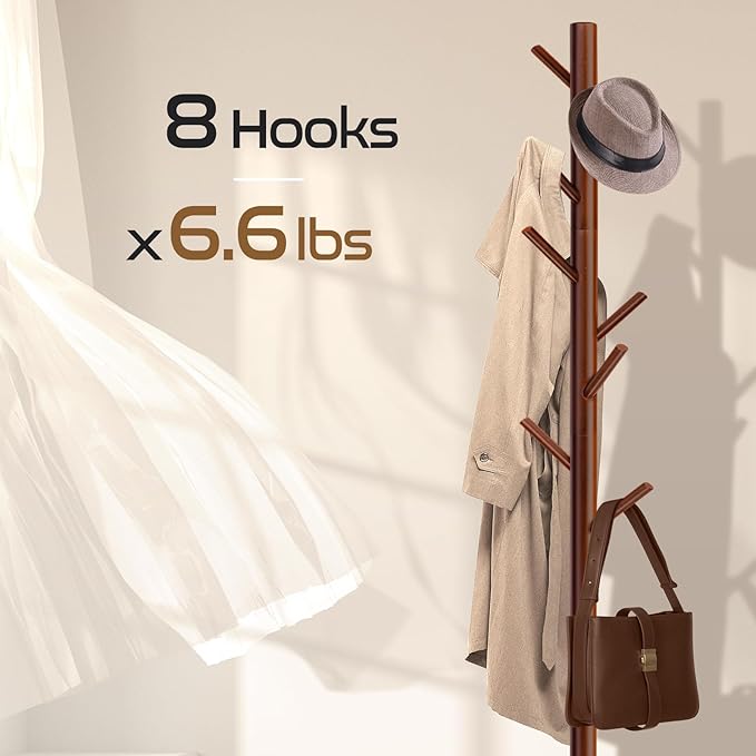 Solid Wooden Coat Rack Freestanding, New Zealand Pine Coat Tree with 8 Hooks & 3 Adjustable Sizes for Coats, Hats, Handbags and Scarves, Space Saving for Entryway/Office/Bedroom (Brown)