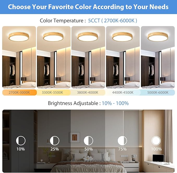 Modern Dimmable Wood Flush Mount Ceiling Light, 2700K-6000K 5CCT Round Close to Ceiling Lighting Fixtures, Minimalist LED Ceiling Lamp for Bedroom, Kitchen, Hallway, Living Room-15.74in