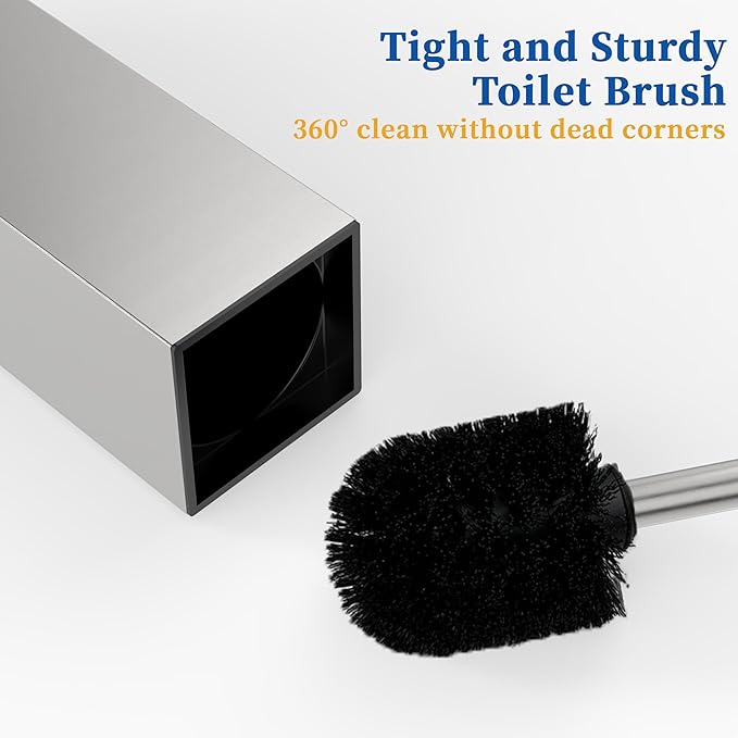 RUACQ Toilet Brush and Holder Set 2pcs,Square Toilet Bowl Brush for Bathroom with 304 Stainless Steel Handle Toilet Cleaner Brush with Durable Scrubbing Bristles,Splash-Proof (Brushed Nickel)