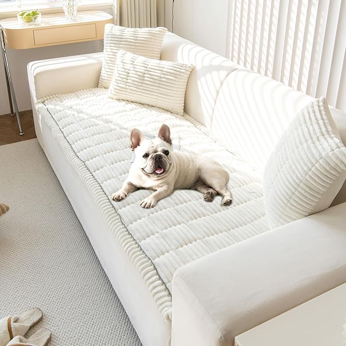 OTOB Couch Covers for 3 Cushion Sofa Pet Friendly, Plush Fuzzy Non Slip Sofa Covers Washable, Soft All Seasons Sofa Slipcovers Furniture Protector Dog Bed Mat (Cream, 27.6" x 82.7")