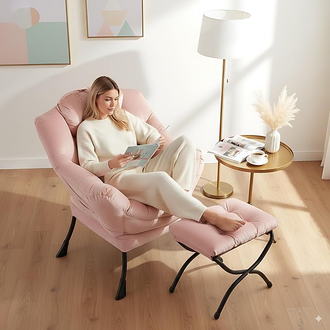 LITA Lazy Chair with Ottoman, Modern Accent Leisure Upholstered Sofa Chair, Contemporary Lounge Reading Chairs with Armrests and a Side Pocket for Living Room, Bedroom & Small Space, Pink