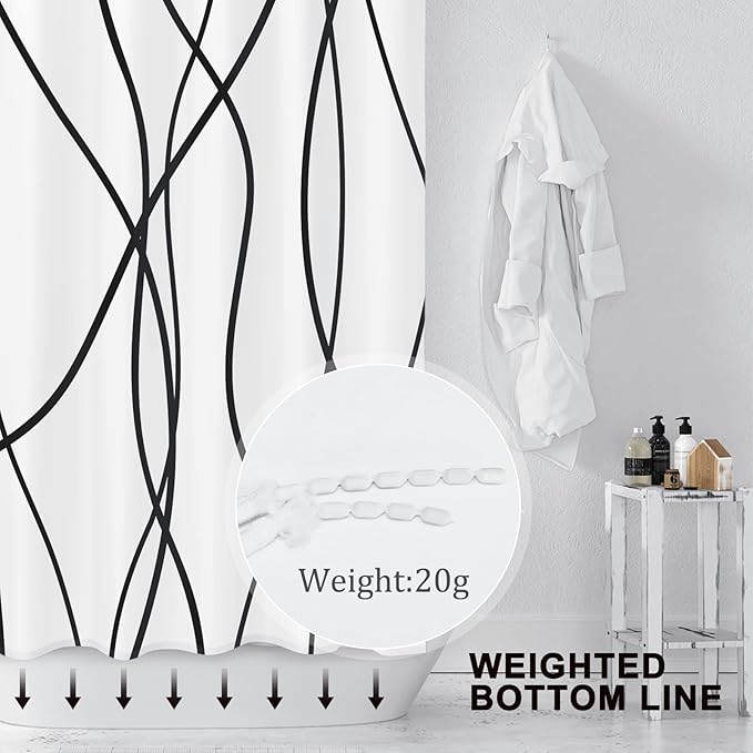 Punkray Black and White Striped Wavy Line Polyester Shower Curtain for Bathroom with Hooks, Weighted Hem, Waterproof Bath Accessories Hotel Style, 72 x 78
