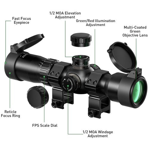 Qande 1.5-5x32 Crossbow Scope 250-450 FPS Red Green Illuminated 20-100 Yards Etched Glass Ballistic Reticle Compact Crossbow Scope for Hunting with 20mm Scope Rings (1.5-5x32)