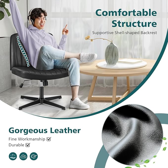 OLIXIS Criss Cross Legged Chairs Armless No Wheels Wide Seat Height Adjustable Swivel Padded PU Leather Home Office Desk Seating for Bedroom, Student, Study Room