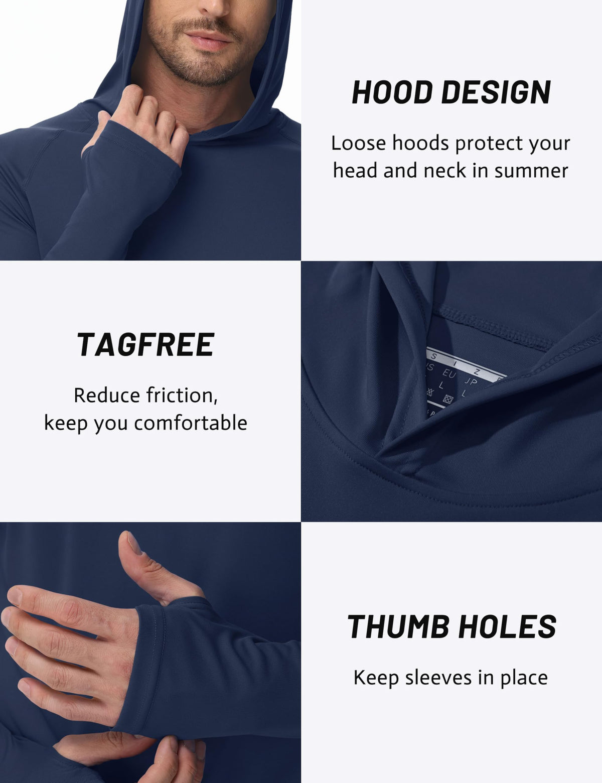TACVASEN Long Sleeve Shirts for Men Lightweight Hoodie Men Dry Fit Active Hooded Shirts Sun Protection Hoodies SPF Tee Navy L