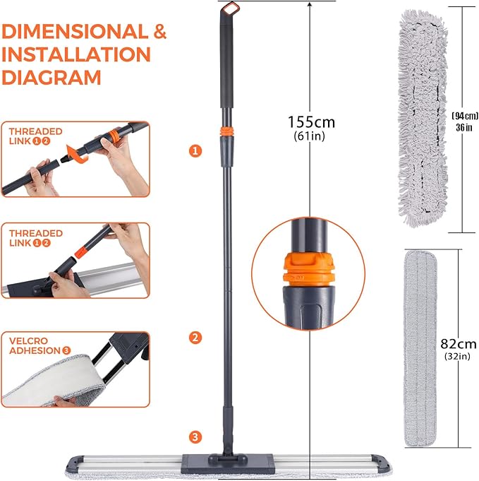 36" Large Wrestling mat mop Commercial Dust Mops for Floor Cleaning Push mop with Adjustable Handle for Company Hotel Household Cleaning Supplies
