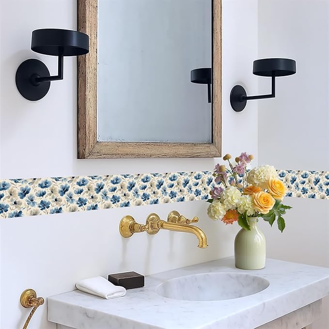 Blue Floral Wall Border 196x4 Inch Peel and Stick Vintage Flower Wallpaper