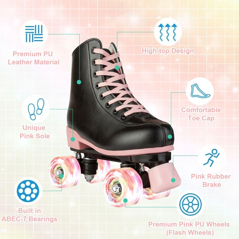 XUDREZ Roller Skates for Girls, Black PU Leather with Pink Light Up Wheels, Indoor Outdoor, Size 37-US Women 6, Youth 5